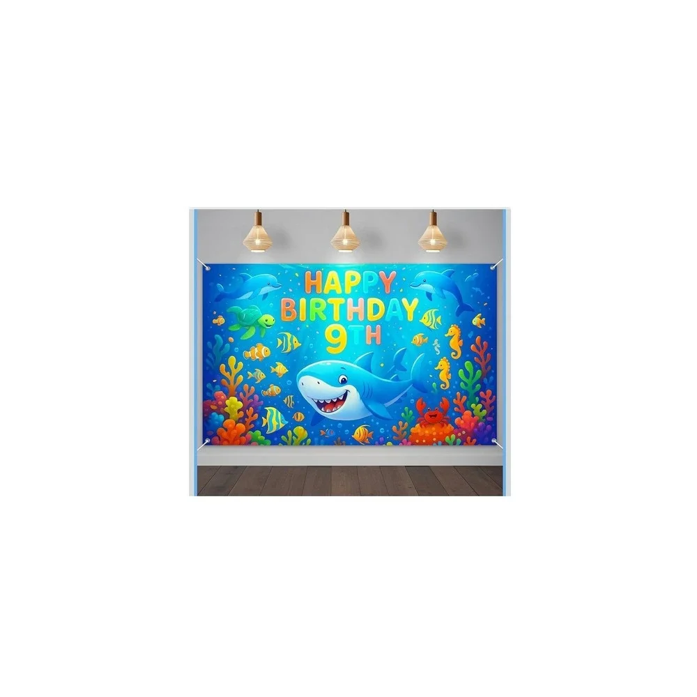 Under the Sea 9th Birthday Banner Shark Ocean Theme‎ Party Backdrop 71x43in NEW